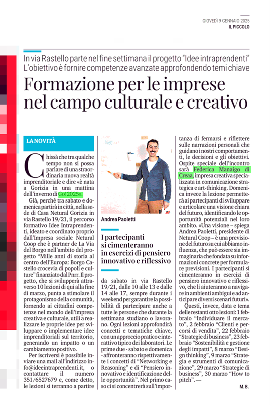 Rassegna Stampa: Il Piccolo 9 gennaio 2025 Articolo de Il Piccolo: Formazione per le imprese nel campo culturale e creativo