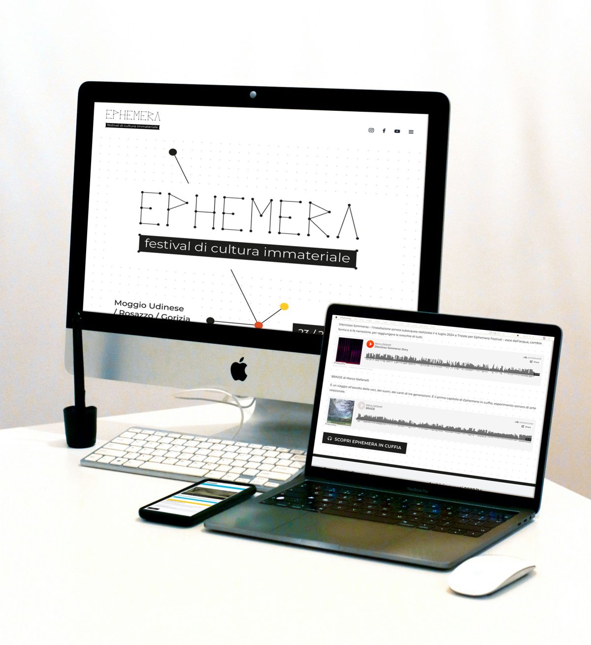 CreaaProgetti: Ephemera Due PC e uno smartphone con schermate del sito di Epehemera