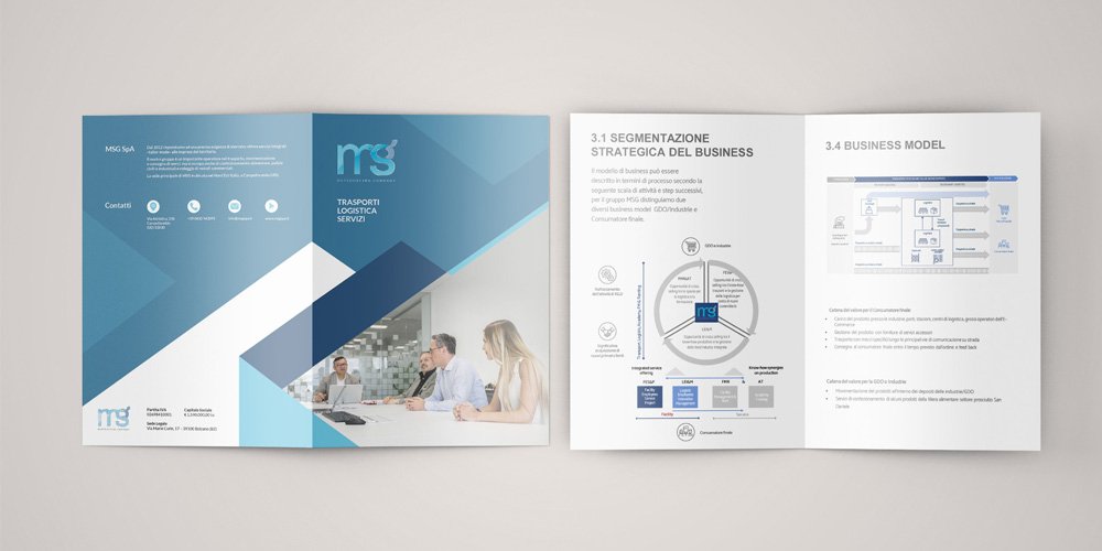 Creaa Progetti: MSG Sulla sinistra vista della brochure promozionale, della copertina e del retro. Sulla destra vista di un estratto del report investitori.