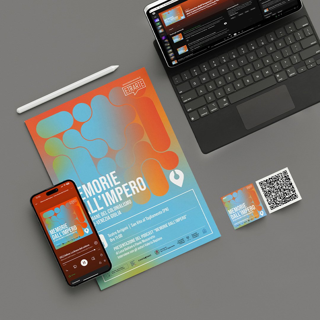 Immagine coordinata del podcast "Memorie dall'Impero - Cosa rimane del Colonialismo in Friuli Venezia Giulia" comprensiva di poster, biglietti da visita con QRcode e dispositivi elettronici con schermate di piattaforme di distribuzione audio.