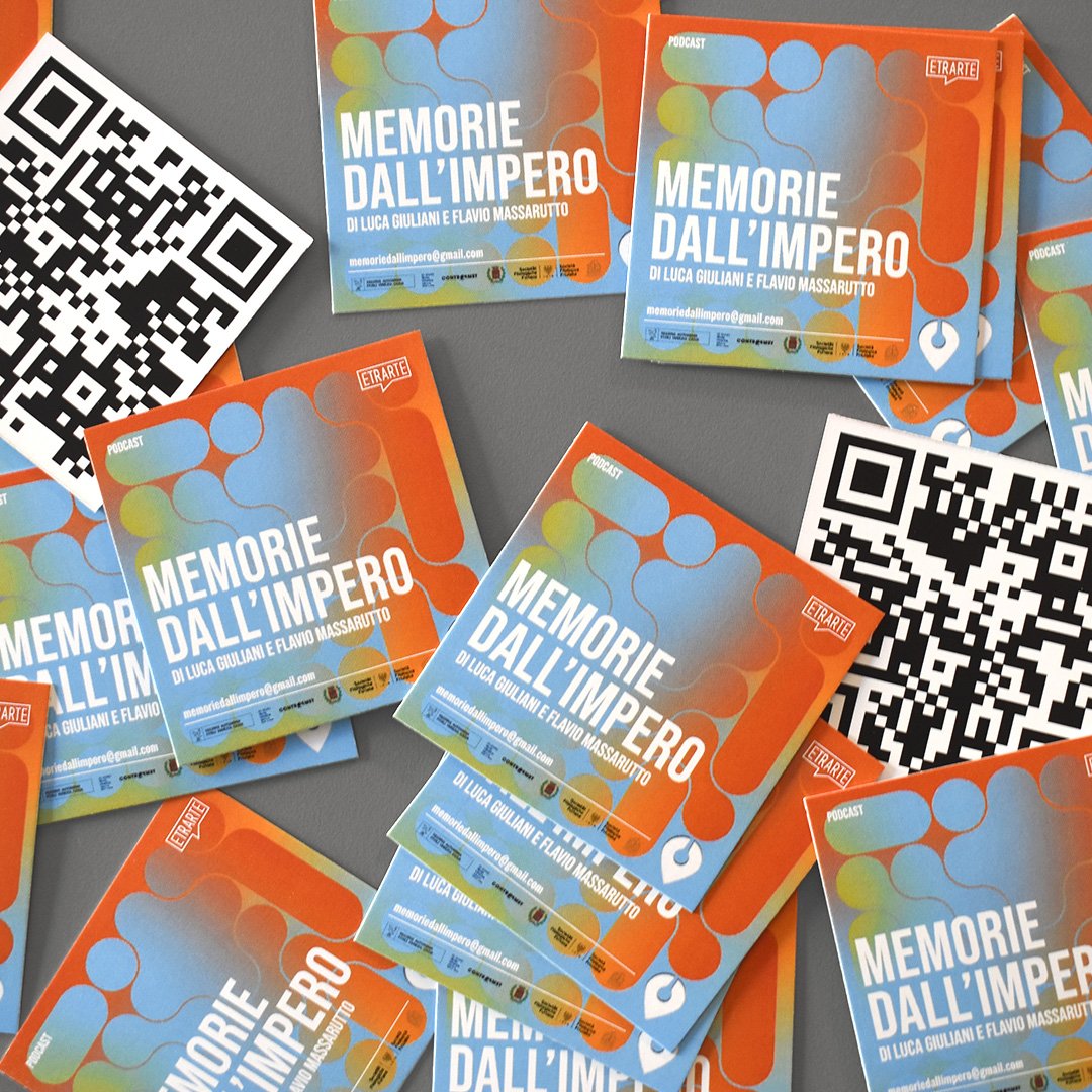 Biglietti da visita con immagine del podcast e QRcode sul retro, con rimando alle puntate sulla piattaforma Spreaker.