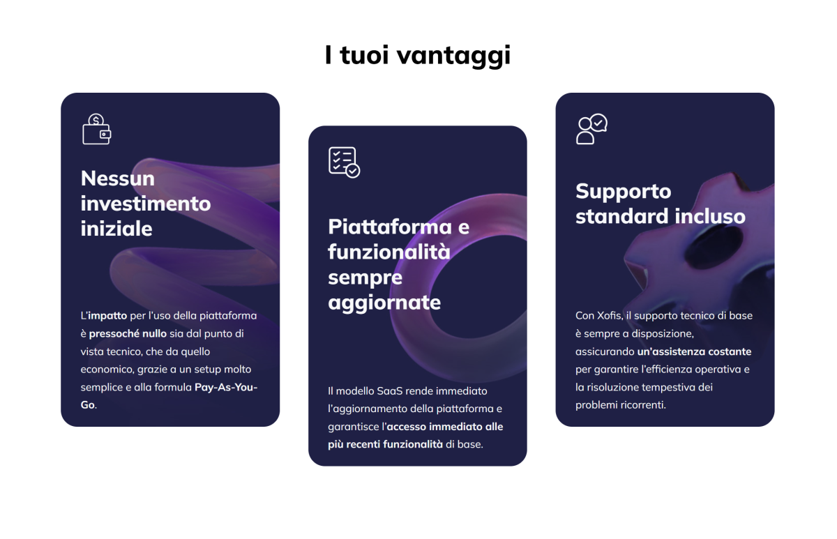 Xofis - la sezione del sito web che elenca i vantaggi
