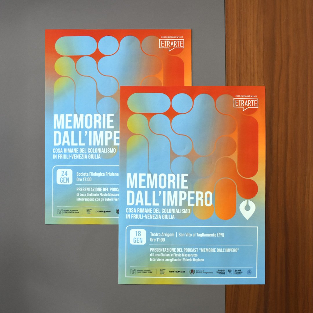 Locandine degli incontri di presentazione del podcast "Memorie dall'Impero - Cosa rimane del Colonialismo in Friuli Venezia Giulia"